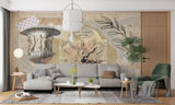 Tapet personalizat eclectic cu un colaj in stil englezesc presarat cu elemente specifice: ceas de epoca sculpturi dantela si texte in latina eclectic clock