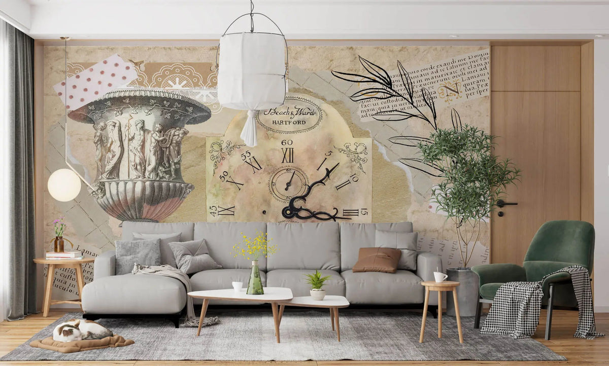 Tapet personalizat eclectic cu un colaj in stil englezesc presarat cu elemente specifice: ceas de epoca sculpturi dantela si texte in latina eclectic clock