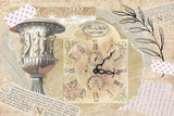 Tapet personalizat eclectic cu un colaj in stil englezesc presarat cu elemente specifice: ceas de epoca sculpturi dantela si texte in latina eclectic clock
