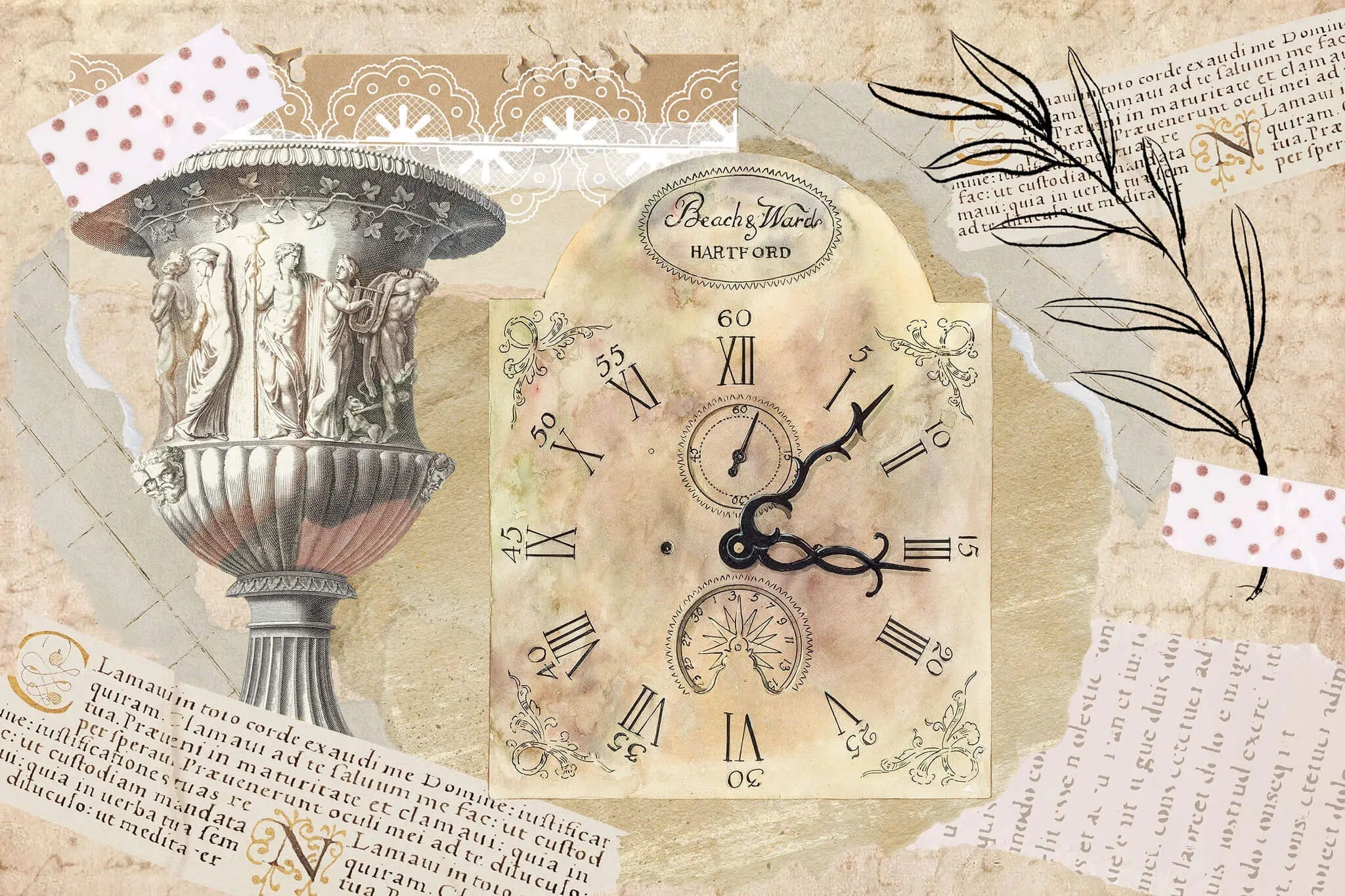 Tapet personalizat eclectic cu un colaj in stil englezesc presarat cu elemente specifice: ceas de epoca sculpturi dantela si texte in latina eclectic clock