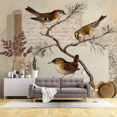 Tapet personalizat eclectic cu design inedit in nuante pamantii ce ilustreaza o scrisoare veche cu sigiliu sub o ramura de conifer plina cu pasari postcard