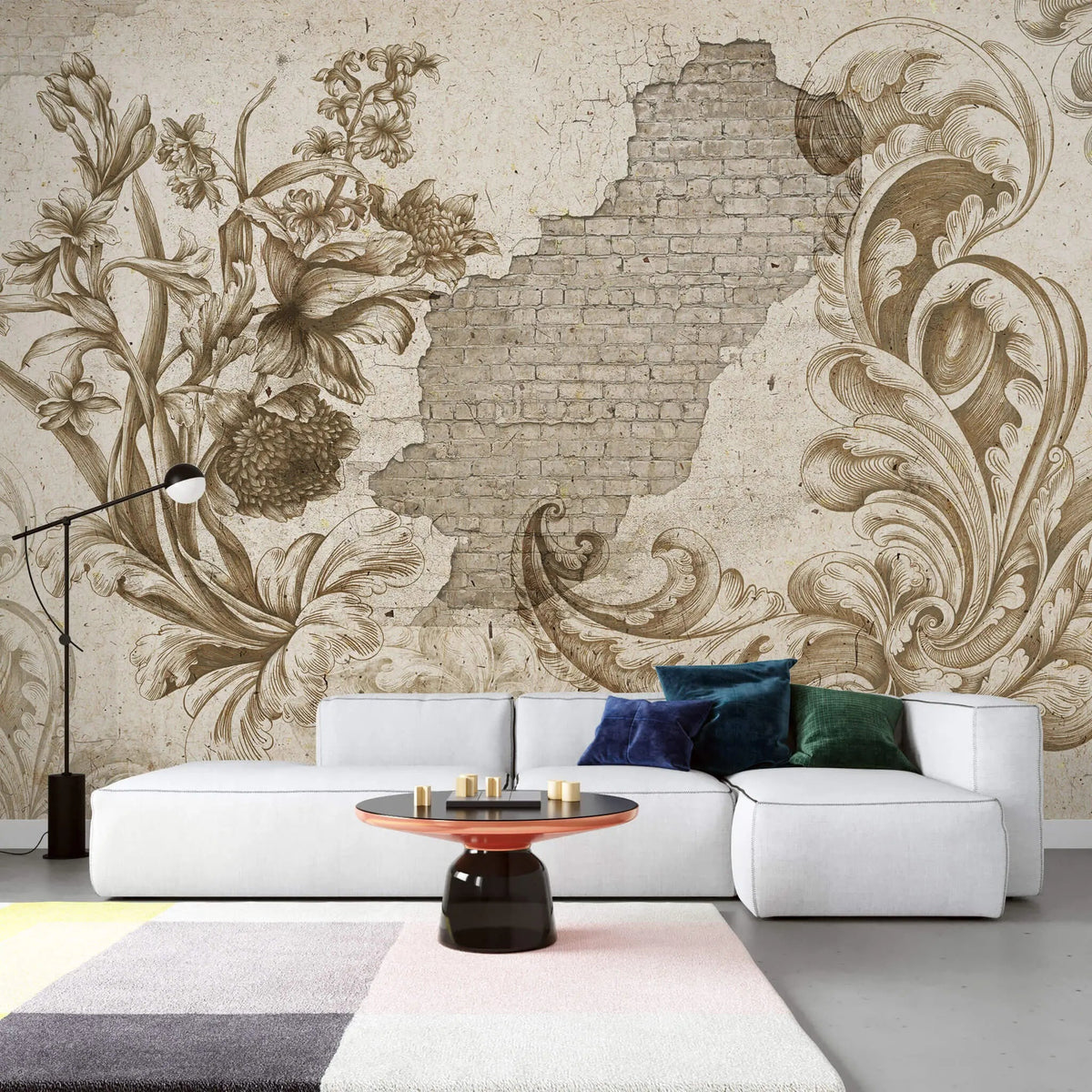 Tapet personalizat eclectic cu perete de caramida spart si insertii florale in tonuri pamantii brick 'n flowers