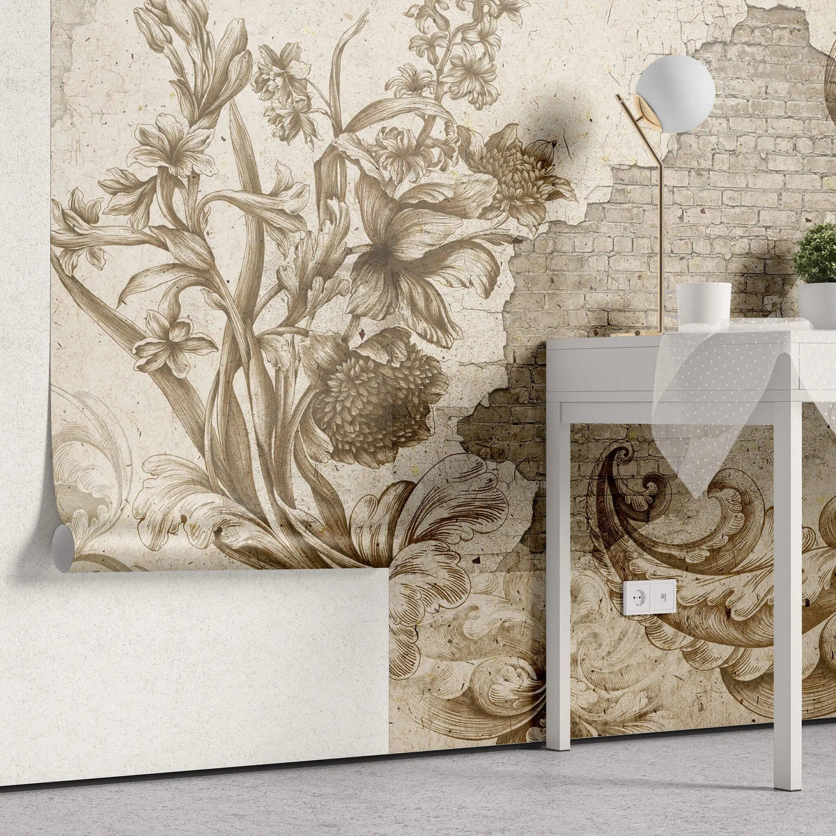 Tapet personalizat eclectic cu perete de caramida spart si insertii florale in tonuri pamantii brick 'n flowers