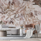 Tapet personalizat eclectic cu flori pe fundal alb si perete din caramida eclectic brick flowers
