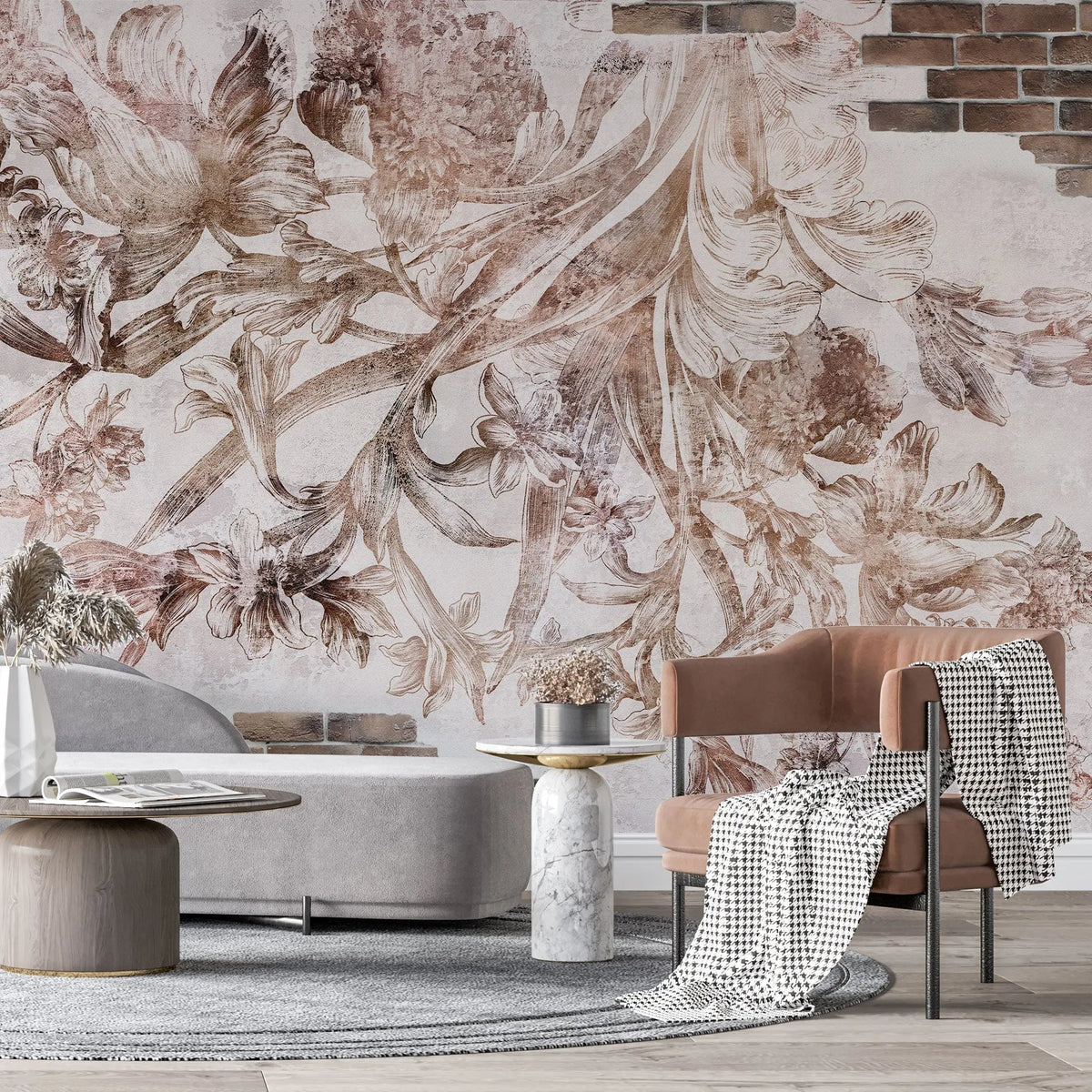 Tapet personalizat eclectic cu flori pe fundal alb si perete din caramida eclectic brick flowers