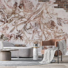 Tapet personalizat eclectic cu flori pe fundal alb si perete din caramida eclectic brick flowers
