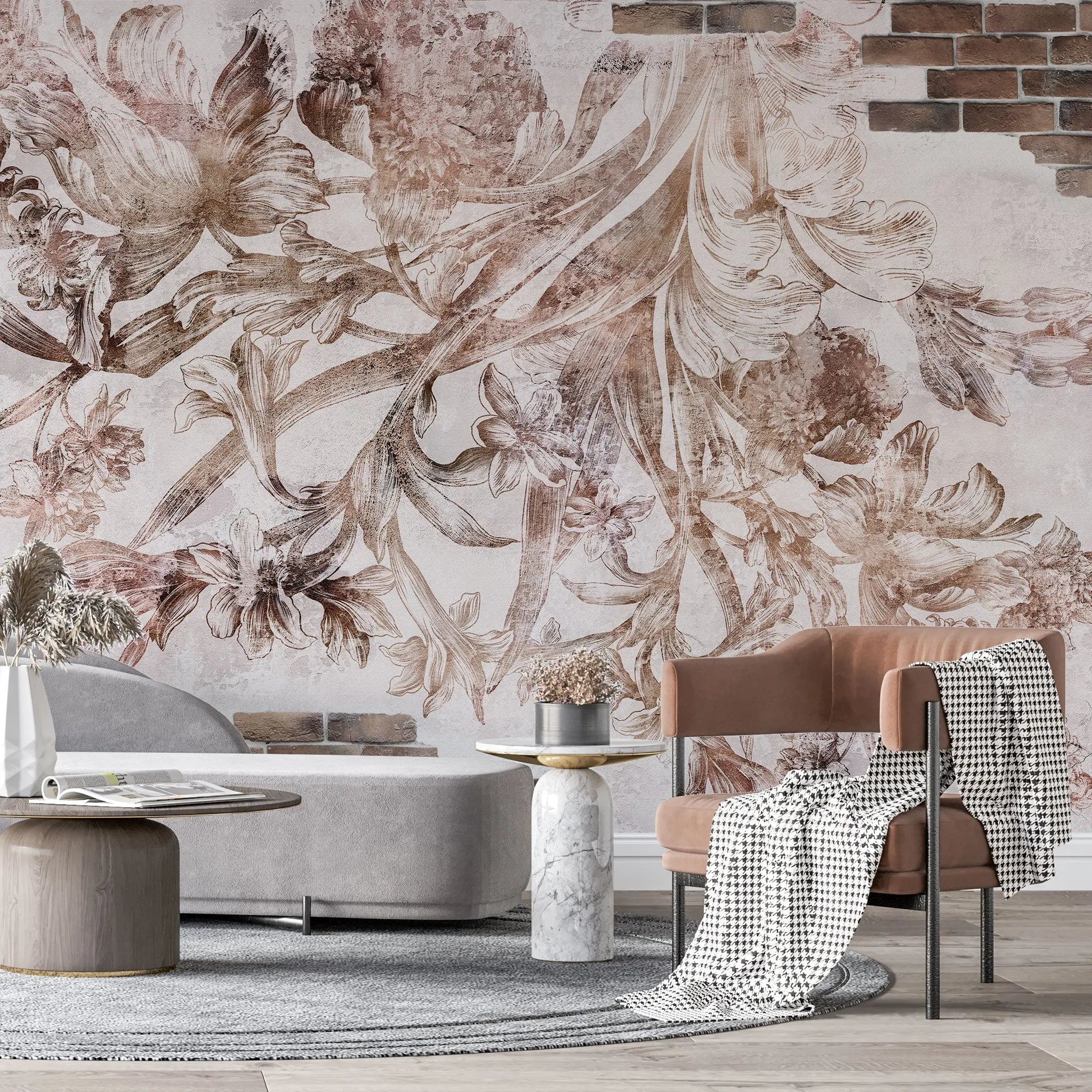 Tapet personalizat eclectic cu flori pe fundal alb si perete din caramida eclectic brick flowers