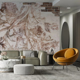 Tapet personalizat eclectic cu flori pe fundal alb si perete din caramida eclectic brick flowers