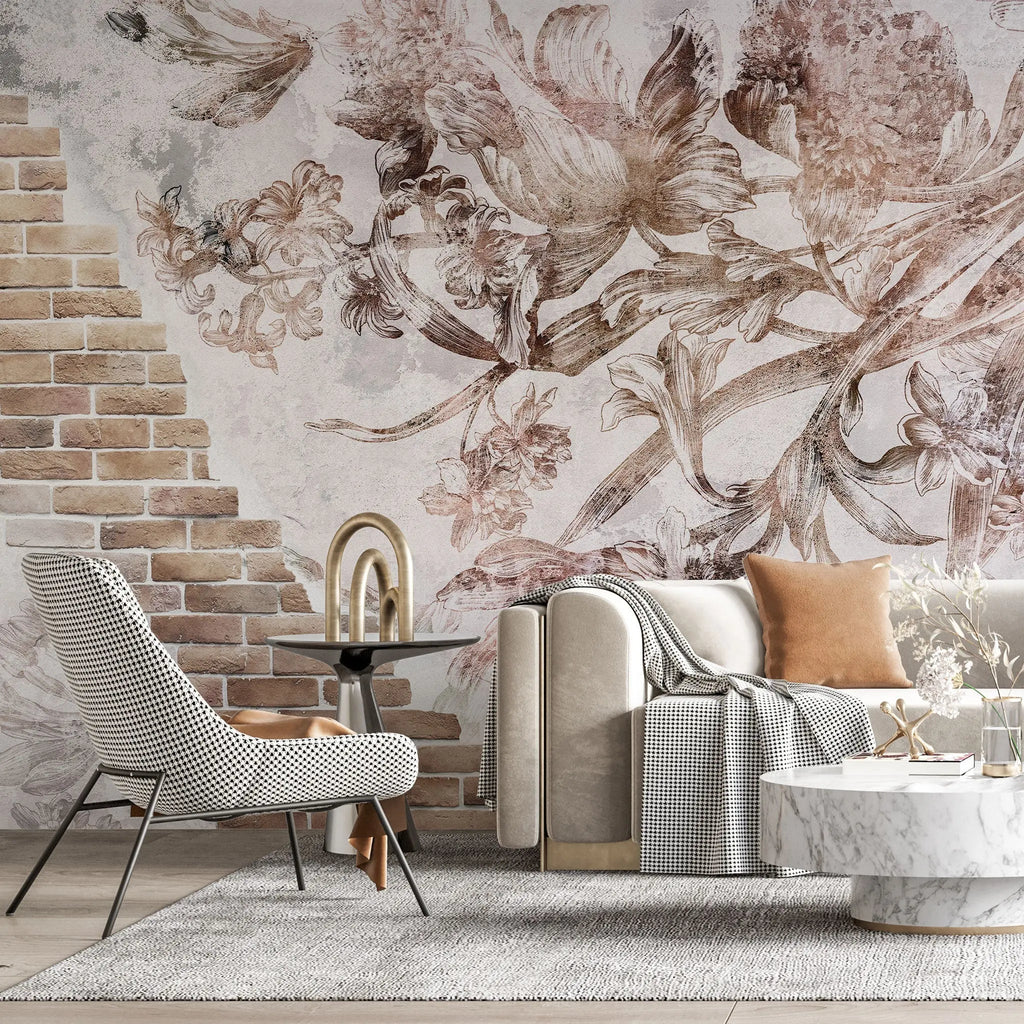Tapet personalizat eclectic cu flori pe fundal alb si perete din caramida eclectic brick flowers