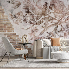 Tapet personalizat eclectic cu flori pe fundal alb si perete din caramida eclectic brick flowers