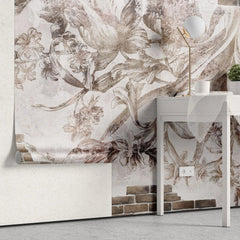 Tapet personalizat eclectic cu flori pe fundal alb si perete din caramida eclectic brick flowers