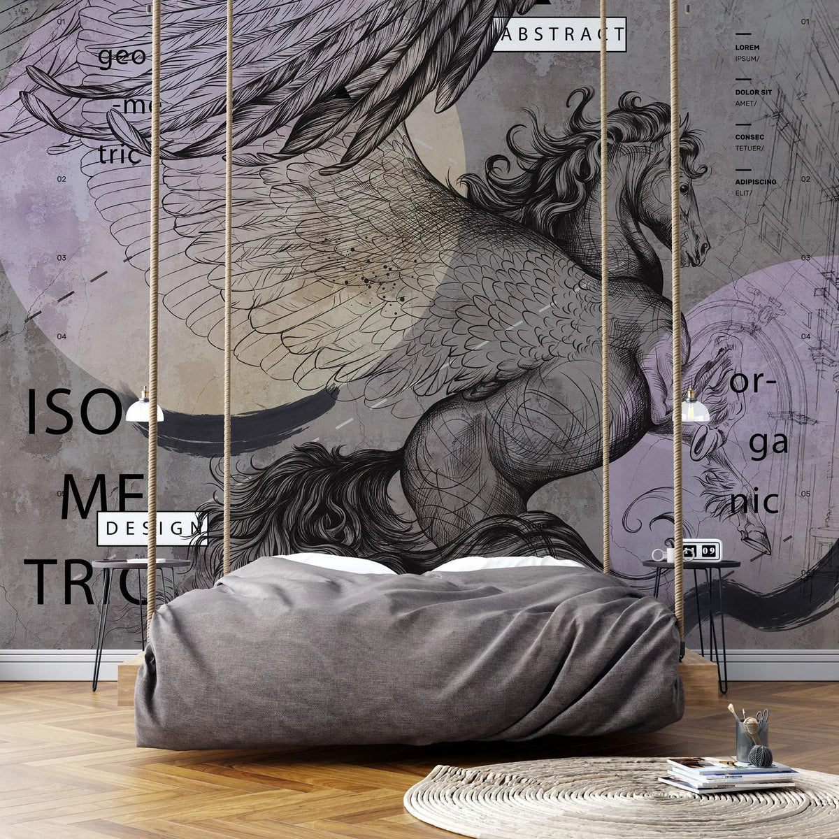 Tapet personalizat eclectic cu cal cu aripi si elemente de inspiratie eclectica in nuante inchise eclectic horse dark