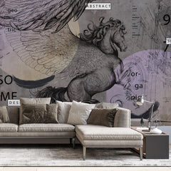 Tapet personalizat eclectic cu cal cu aripi si elemente de inspiratie eclectica in nuante inchise eclectic horse dark