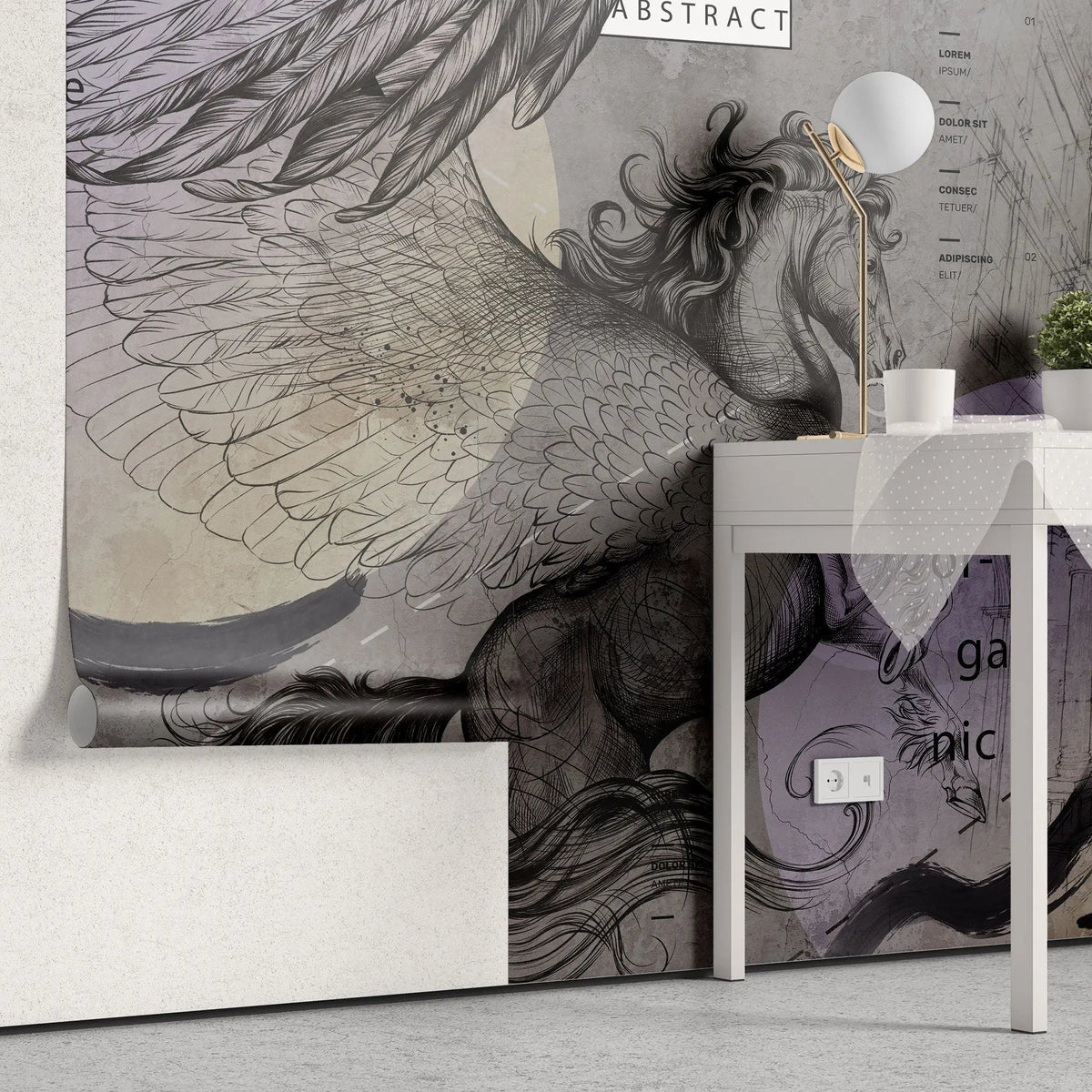 Tapet personalizat eclectic cu cal cu aripi si elemente de inspiratie eclectica in nuante inchise eclectic horse dark