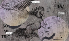 Tapet personalizat eclectic cu cal cu aripi si elemente de inspiratie eclectica in nuante inchise eclectic horse dark