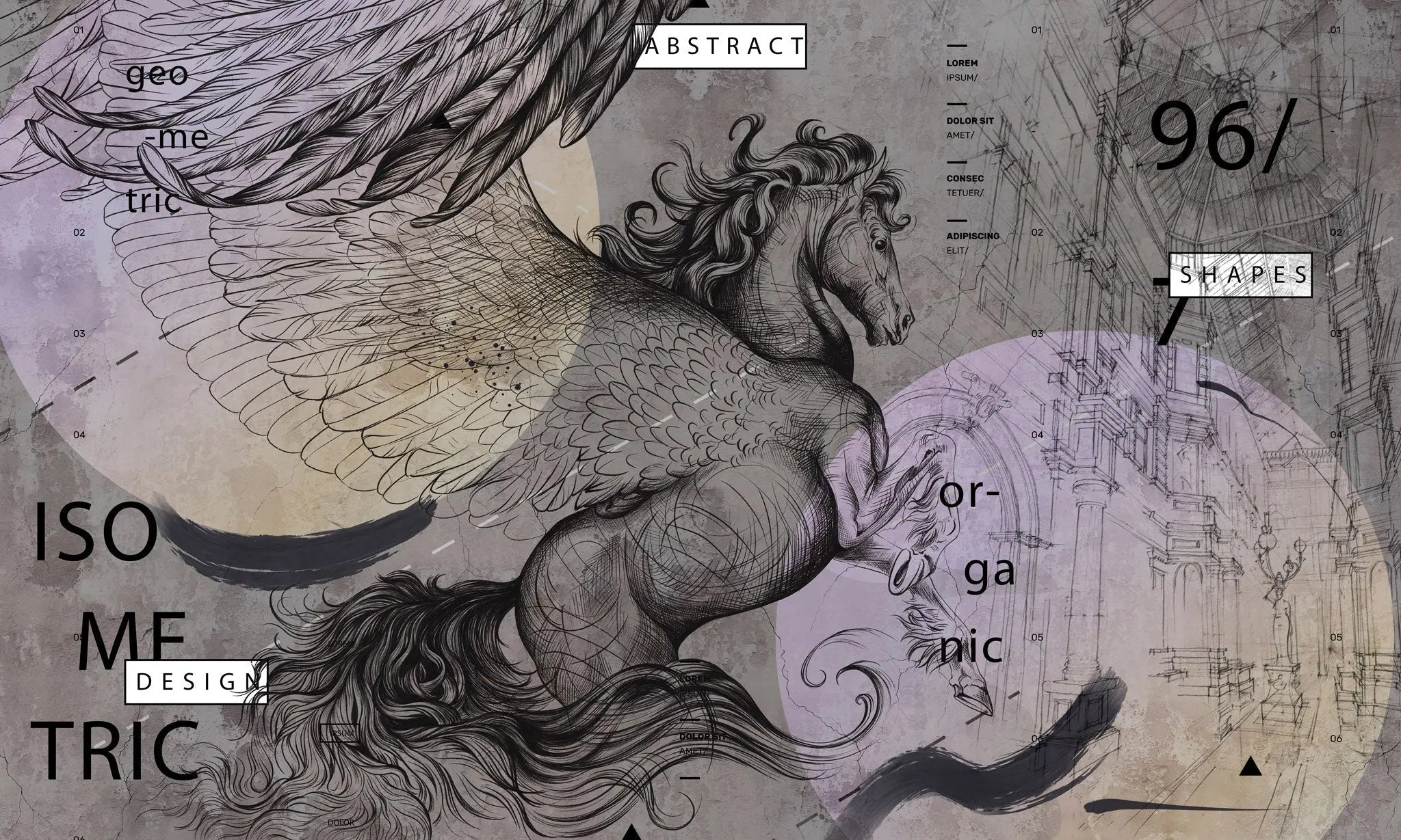 Tapet personalizat eclectic cu cal cu aripi si elemente de inspiratie eclectica in nuante inchise eclectic horse dark