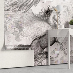 Tapet personalizat eclectic cu cal cu aripi si elemente de inspiratie eclectica in nuante deschise eclectic horse light