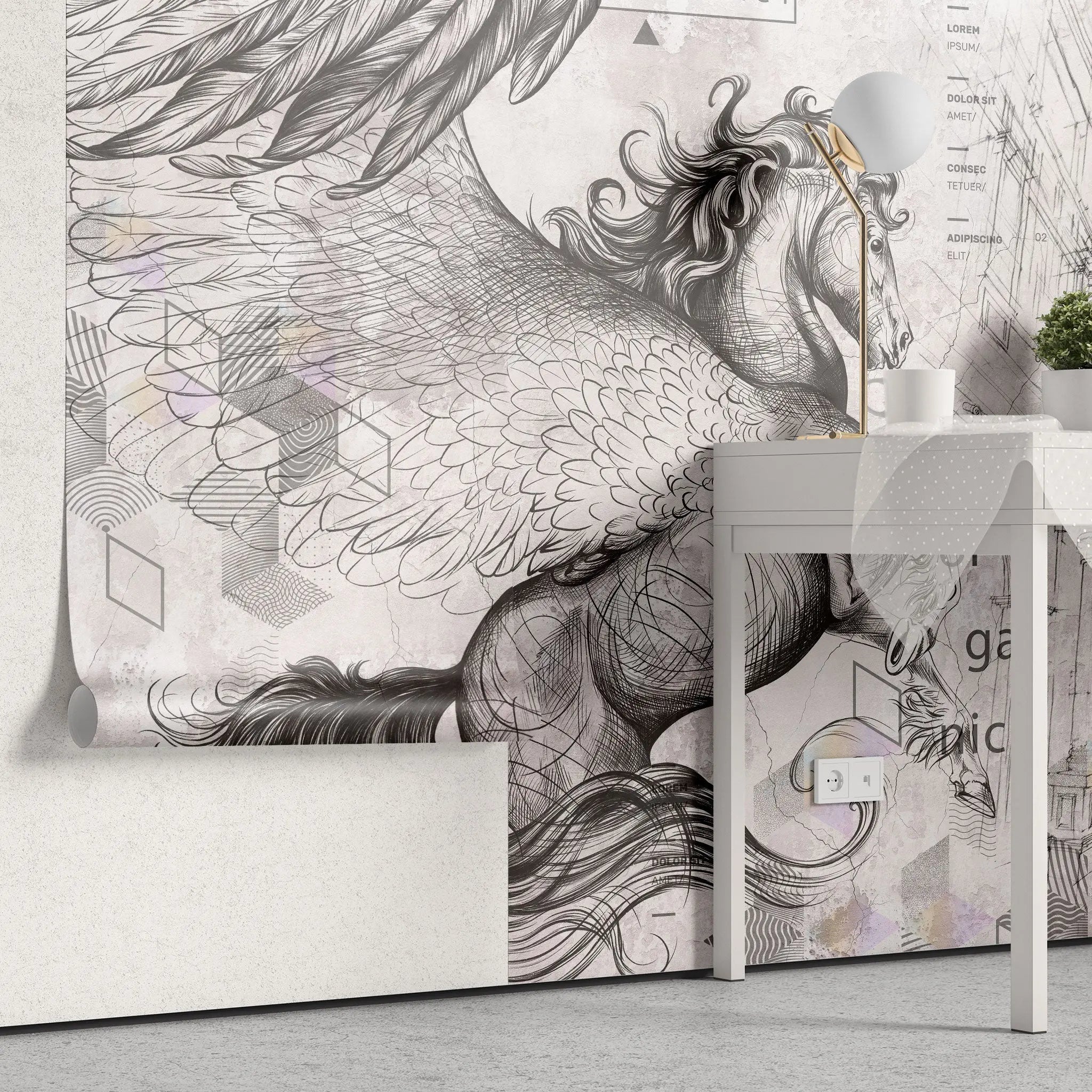 Tapet personalizat eclectic cu cal cu aripi si elemente de inspiratie eclectica in nuante deschise eclectic horse light