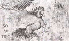 Tapet personalizat eclectic cu cal cu aripi si elemente de inspiratie eclectica in nuante deschise eclectic horse light