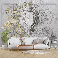 Tapet personalizat eclectic cu oglinda inconjurata de flori colorate si schitate nature's mirror