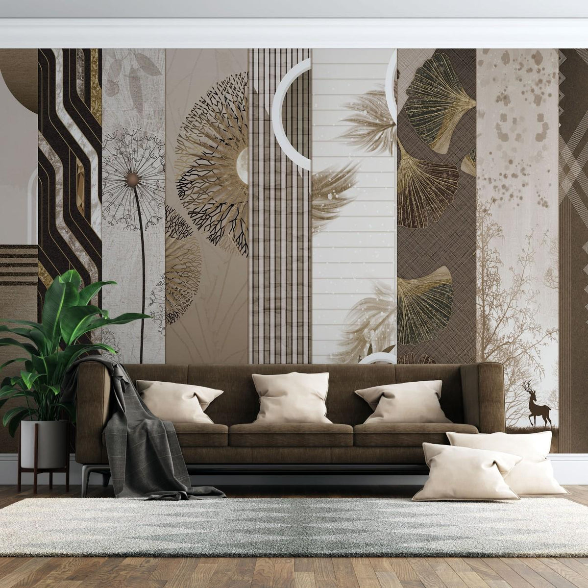 Tapet personalizat eclectic cu selectie de elemente in tonuri calde de bejuri si maro combinate intr o selectie indrazneata