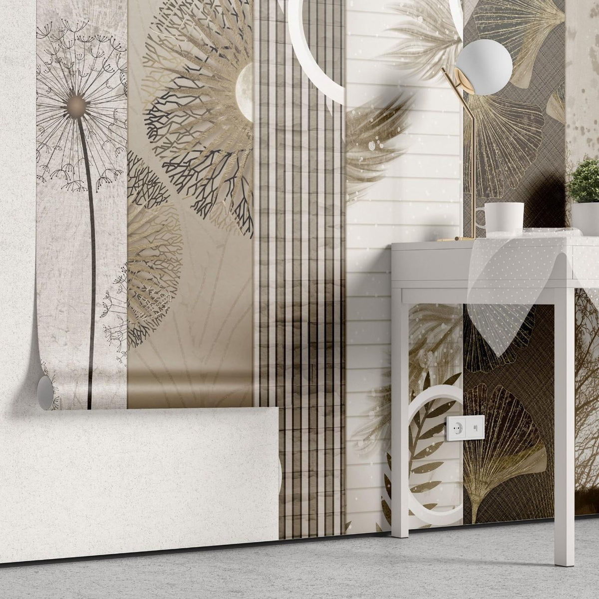 Tapet personalizat eclectic cu selectie de elemente in tonuri calde de bejuri si maro combinate intr o selectie indrazneata