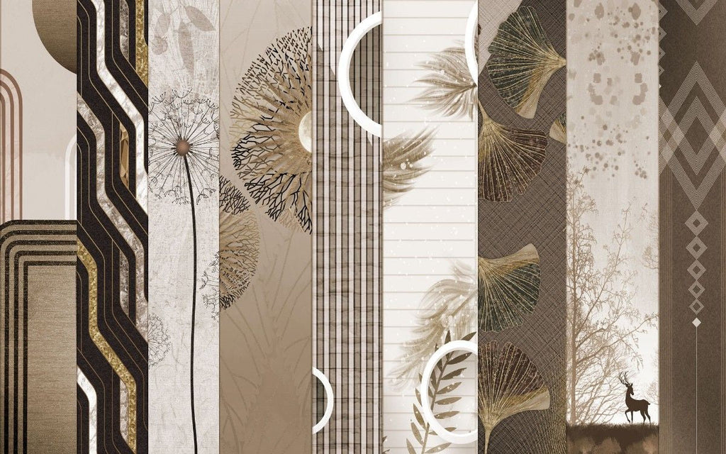Tapet personalizat eclectic cu selectie de elemente in tonuri calde de bejuri si maro combinate intr o selectie indrazneata