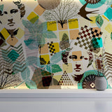 Tapet Personalizat Eclectic cu amestec de elemente de sculptura si natura in nuante vibrante de galben si turcoaz - TURQUOISE ECLECTIC