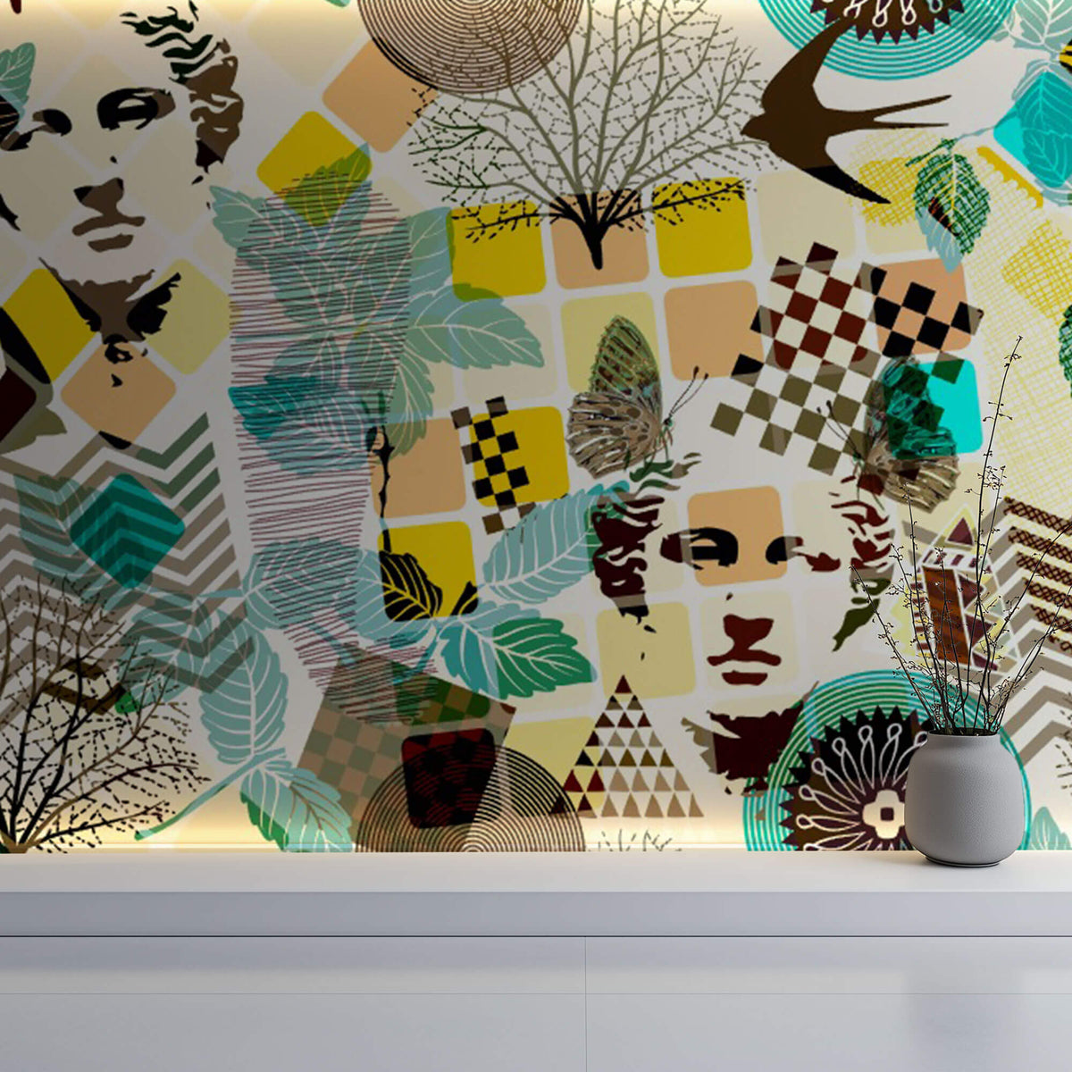 Tapet Personalizat Eclectic cu amestec de elemente de sculptura si natura in nuante vibrante de galben si turcoaz - TURQUOISE ECLECTIC