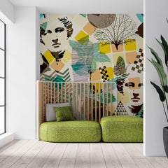 Tapet Personalizat Eclectic cu amestec de elemente de sculptura si natura in nuante vibrante de galben si turcoaz - TURQUOISE ECLECTIC