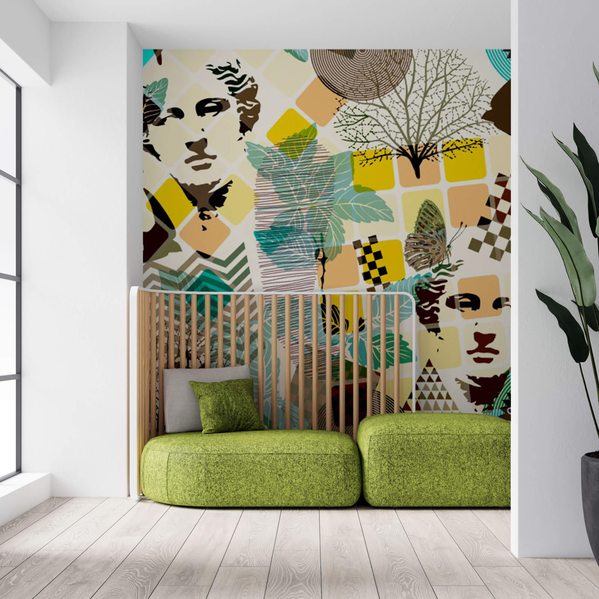 Tapet Personalizat Eclectic cu amestec de elemente de sculptura si natura in nuante vibrante de galben si turcoaz - TURQUOISE ECLECTIC