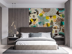 Tapet Personalizat Eclectic cu amestec de elemente de sculptura si natura in nuante vibrante de galben si turcoaz - TURQUOISE ECLECTIC