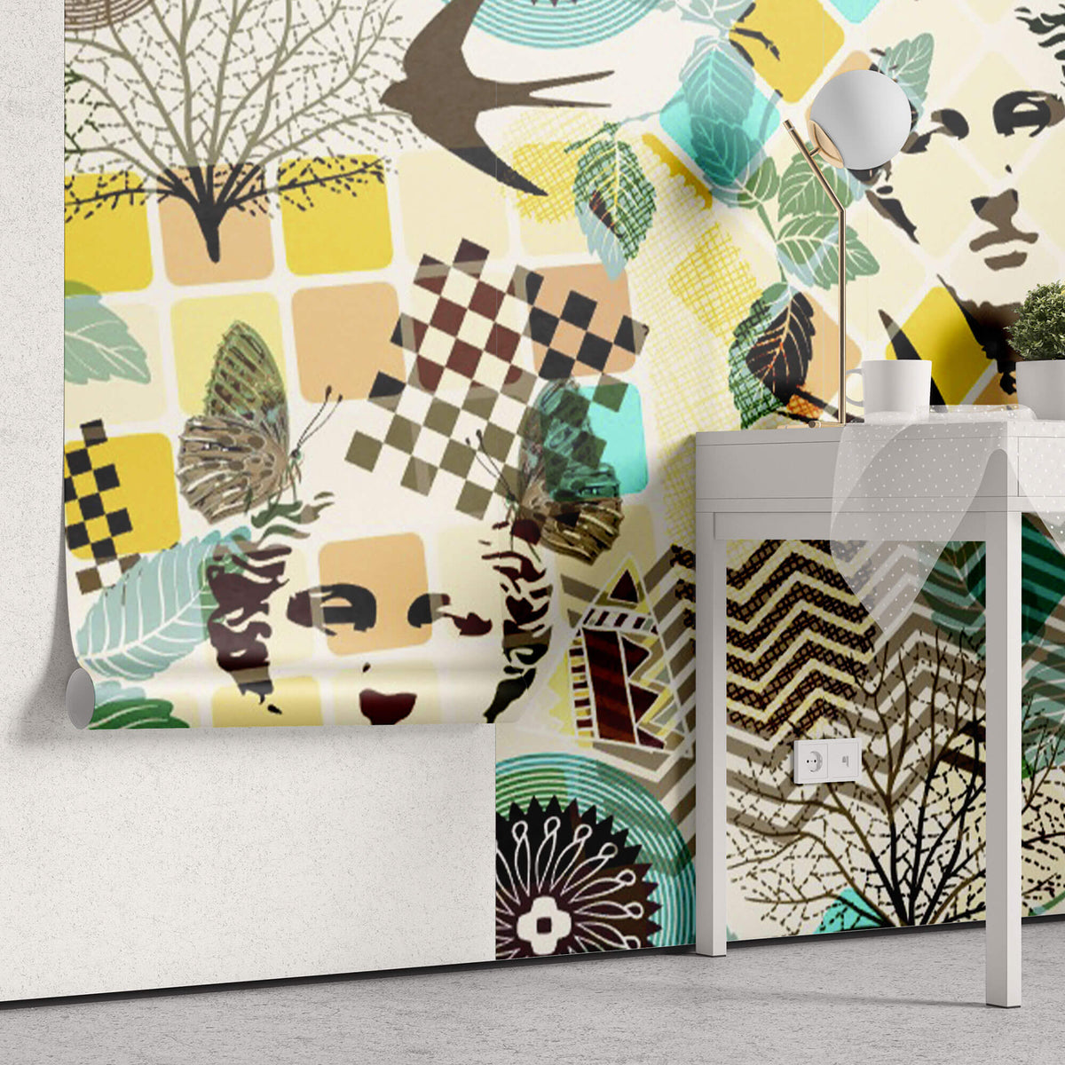 Tapet Personalizat Eclectic cu amestec de elemente de sculptura si natura in nuante vibrante de galben si turcoaz - TURQUOISE ECLECTIC