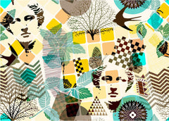 Tapet Personalizat Eclectic cu amestec de elemente de sculptura si natura in nuante vibrante de galben si turcoaz - TURQUOISE ECLECTIC