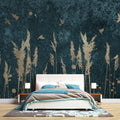 Tapet personalizat fine art cu stuf si pasari aurii pe un fundal verde inchis texturat golden reed