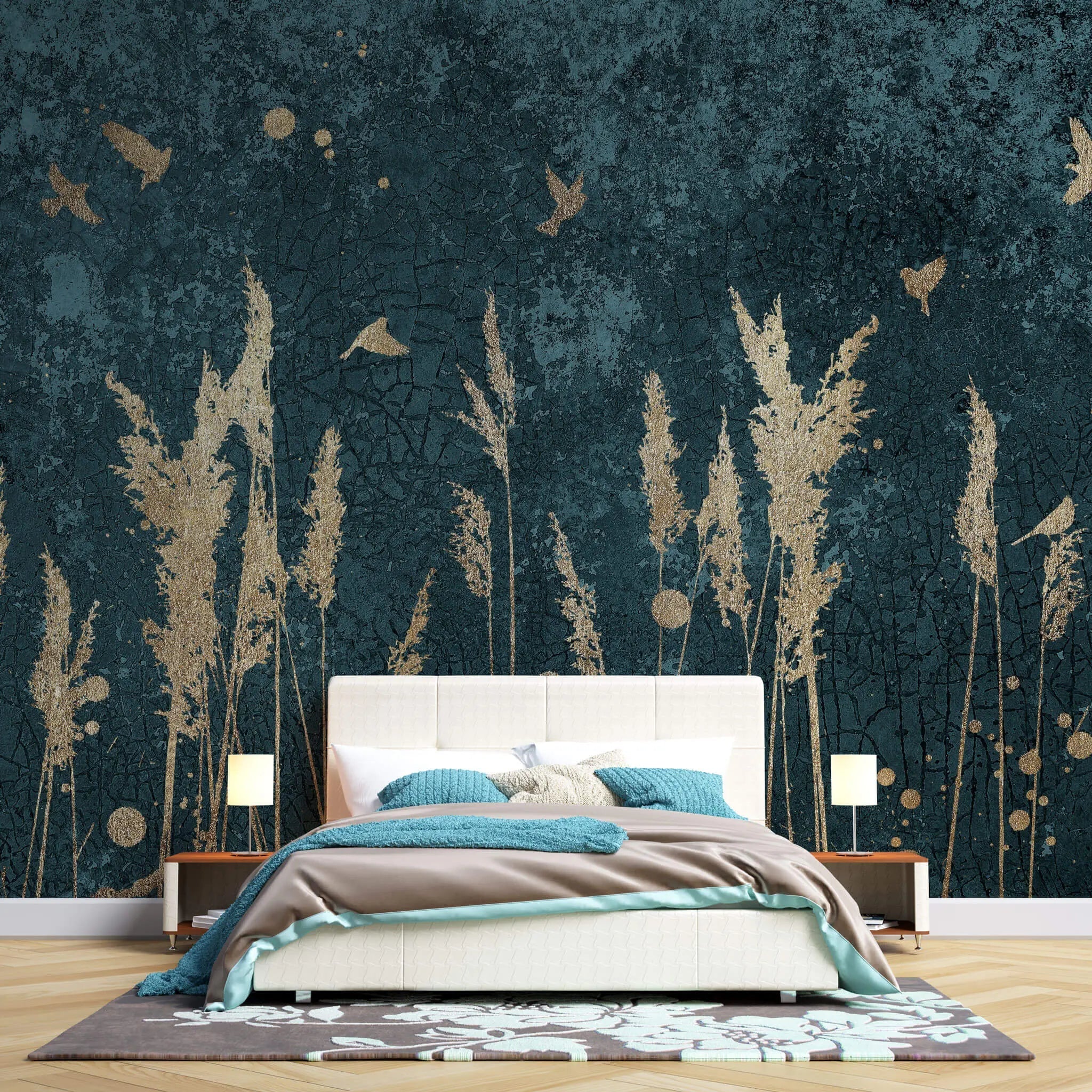 Tapet personalizat fine art cu stuf si pasari aurii pe un fundal verde inchis texturat golden reed
