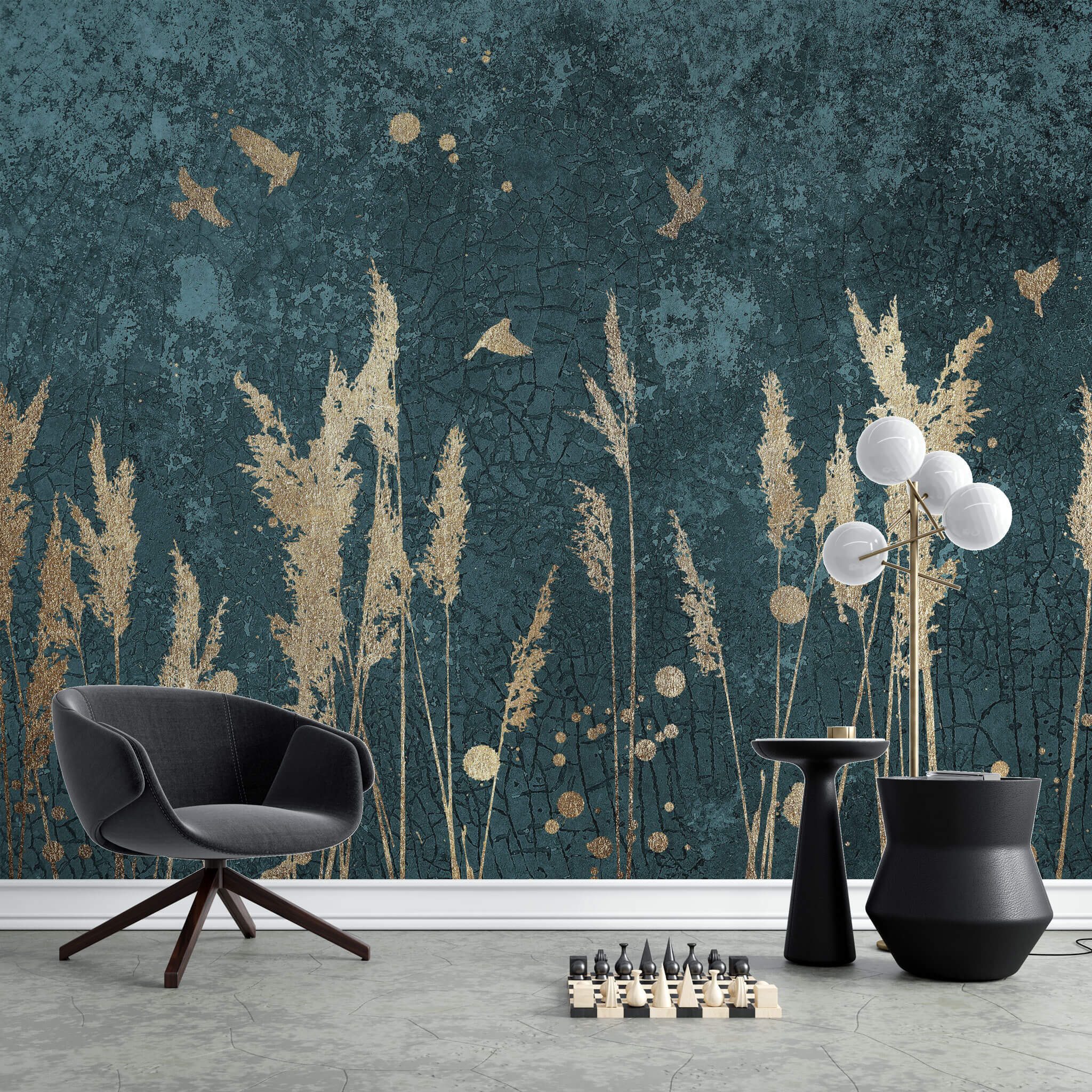 Tapet personalizat fine art cu stuf si pasari aurii pe un fundal verde inchis texturat golden reed