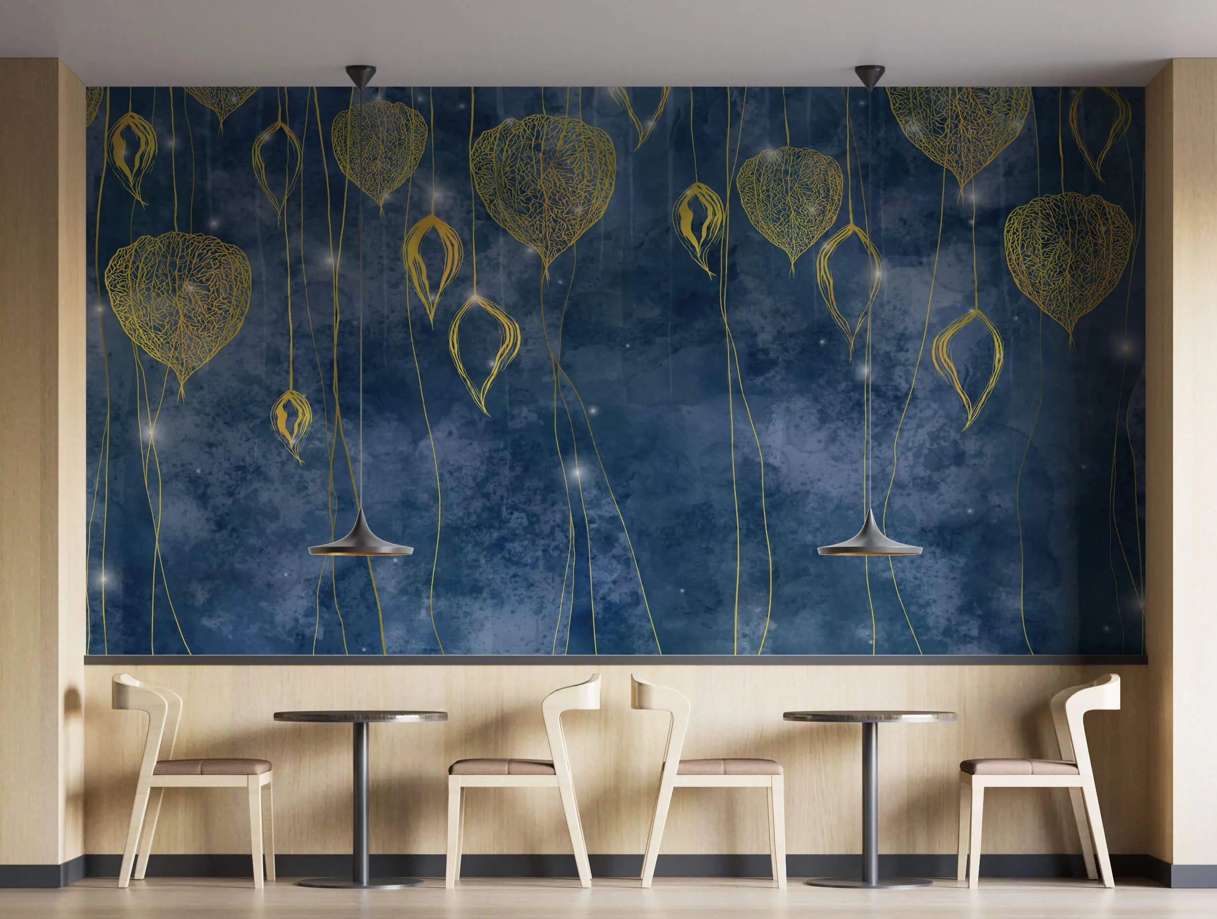 Tapet personalizat fine art cu insertii aurii si puncte stralucitoare pe un fundal albastru inchis midnight spark