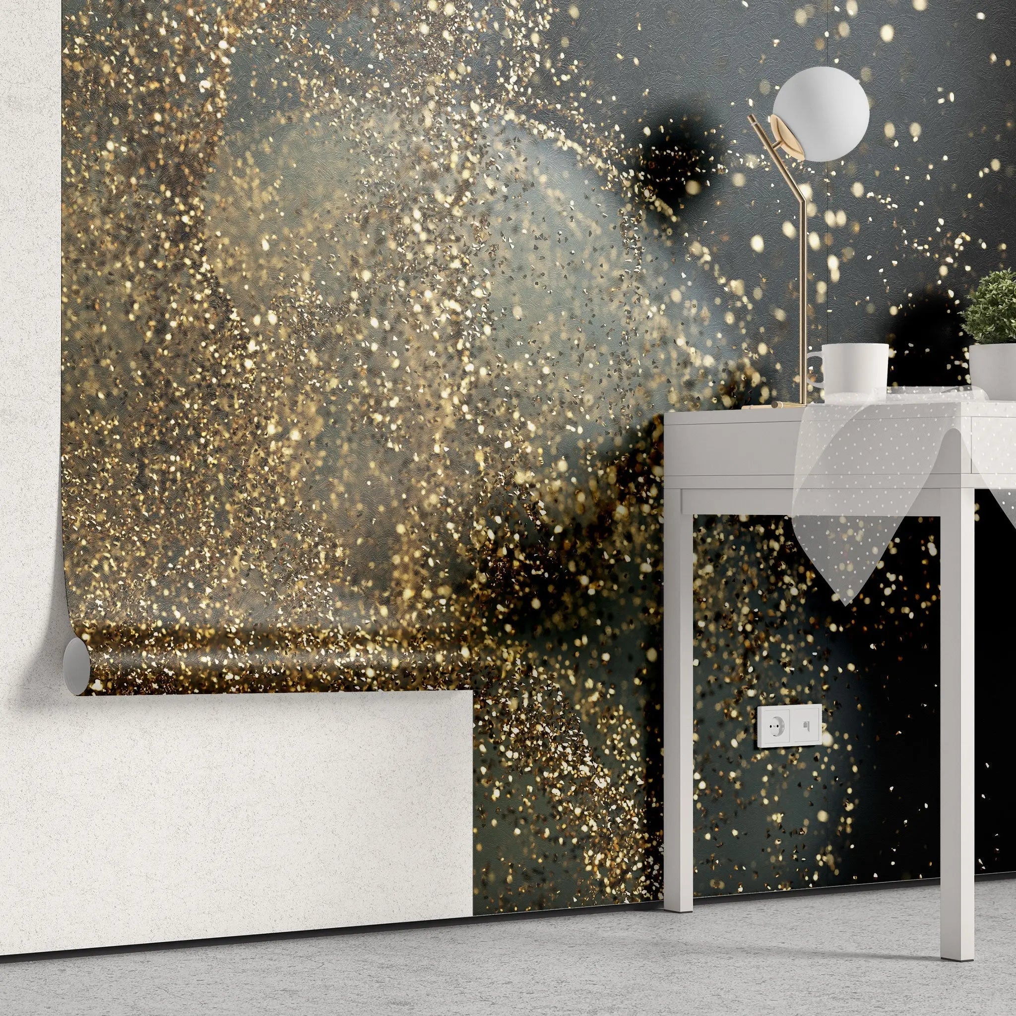 Tapet personalizat fine art cu sclipici in ploaie pe un fundal negru dark glitter