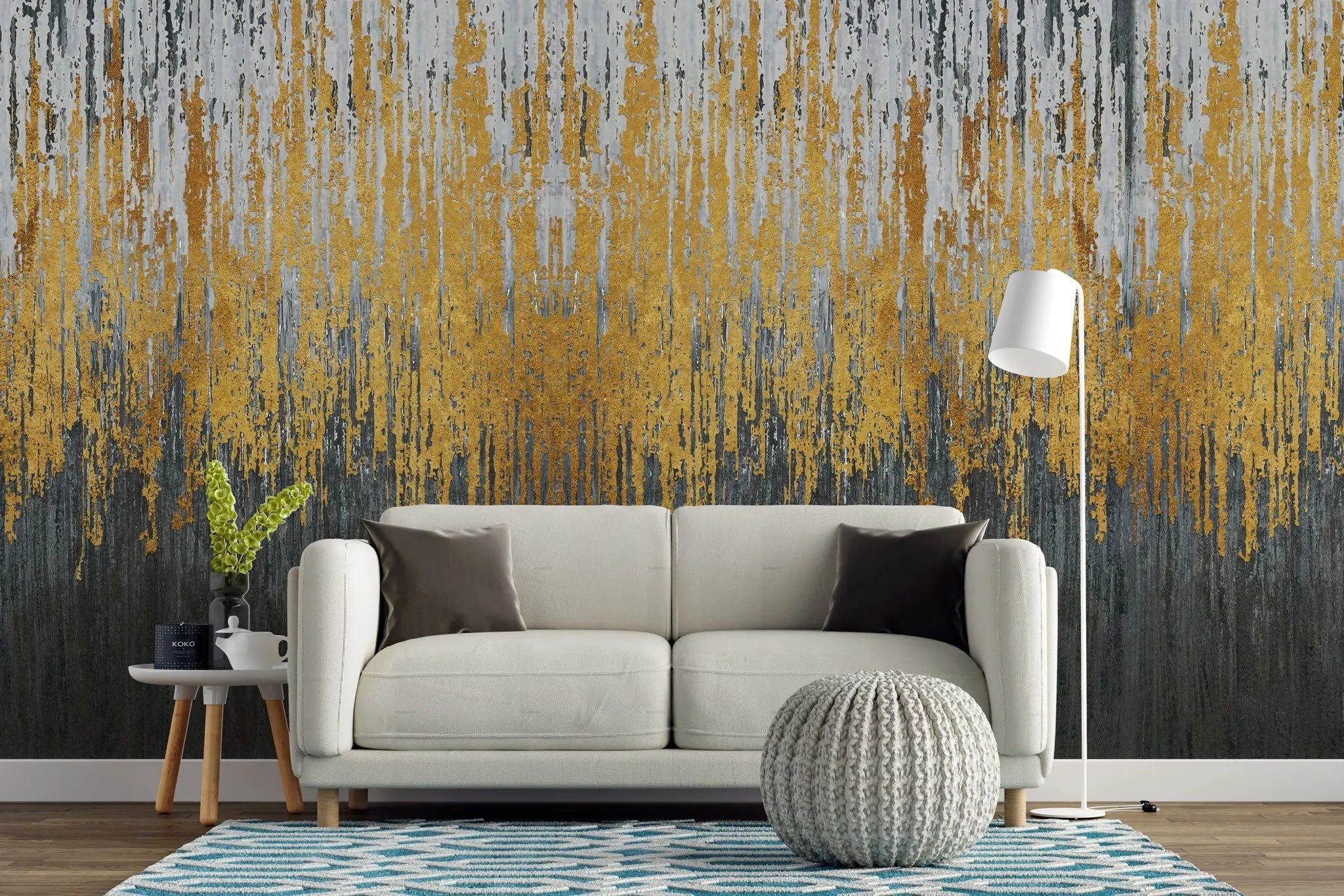 Tapet personalizat fine art cu straturi texturate in dungi gri aurii si negre textured art