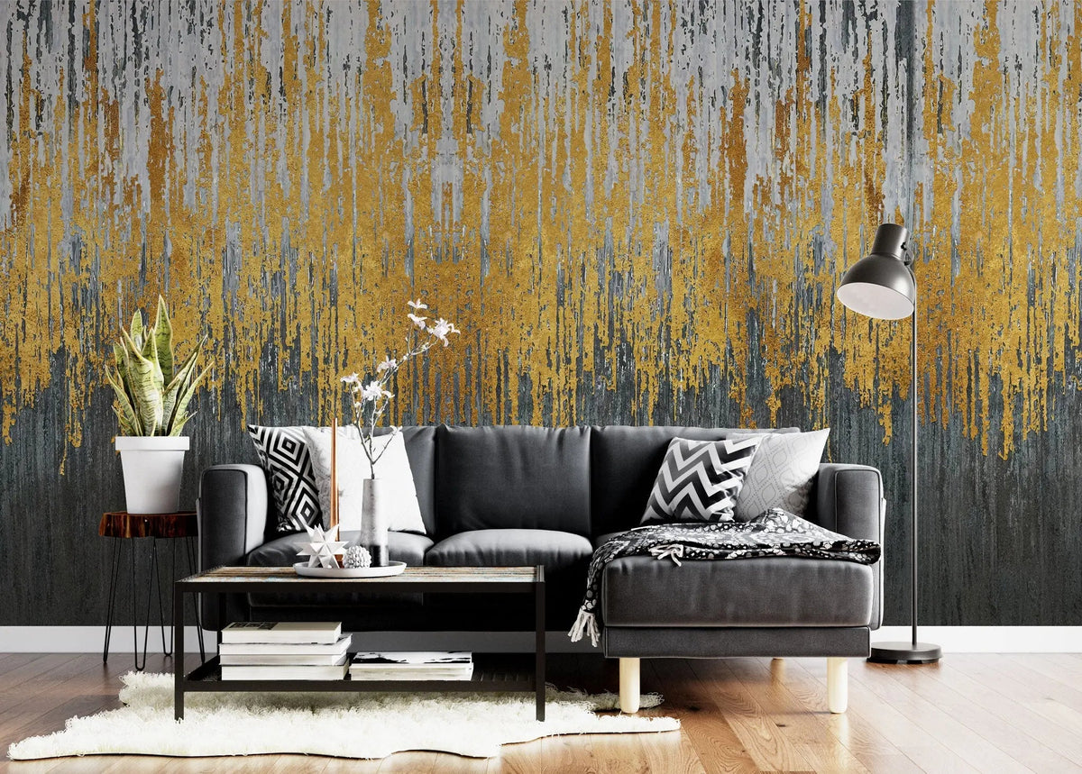 Tapet personalizat fine art cu straturi texturate in dungi gri aurii si negre textured art
