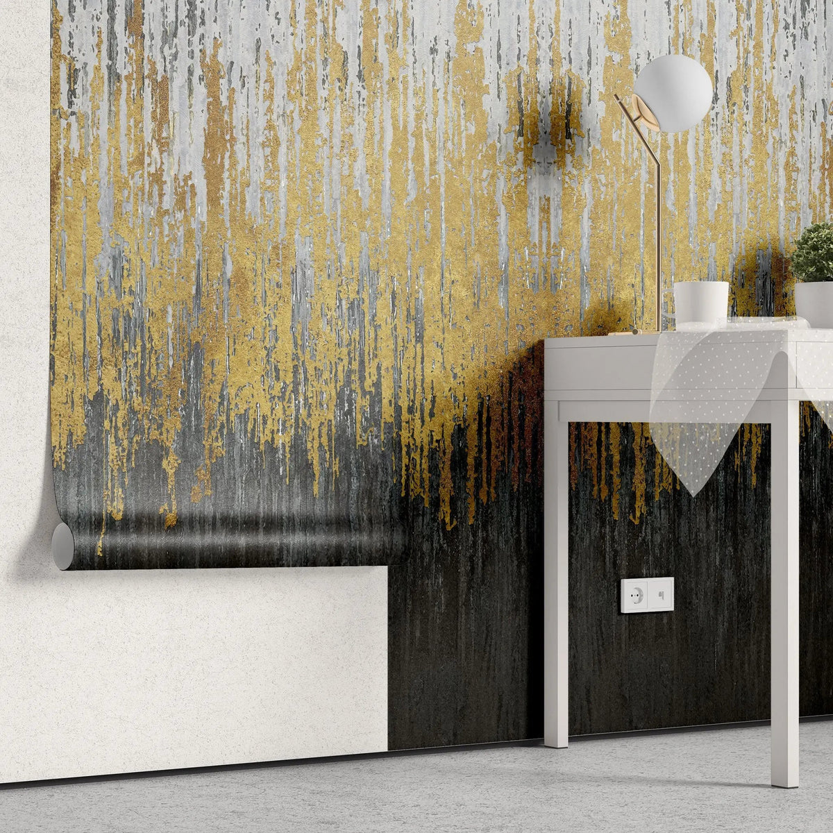 Tapet personalizat fine art cu straturi texturate in dungi gri aurii si negre textured art
