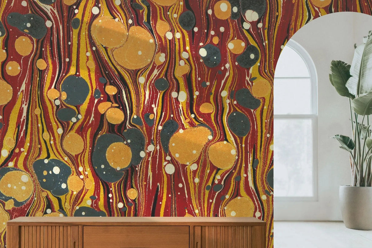 Tapet personalizat fine art cu pictura acrilica in stil de turnare in culori calde pouring art