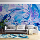 Tapet personalizat fine art cu pictura acrilica abstracta in nuante de albastru si mov cold acrylic