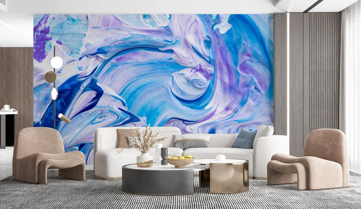 Tapet personalizat fine art cu pictura acrilica abstracta in nuante de albastru si mov cold acrylic
