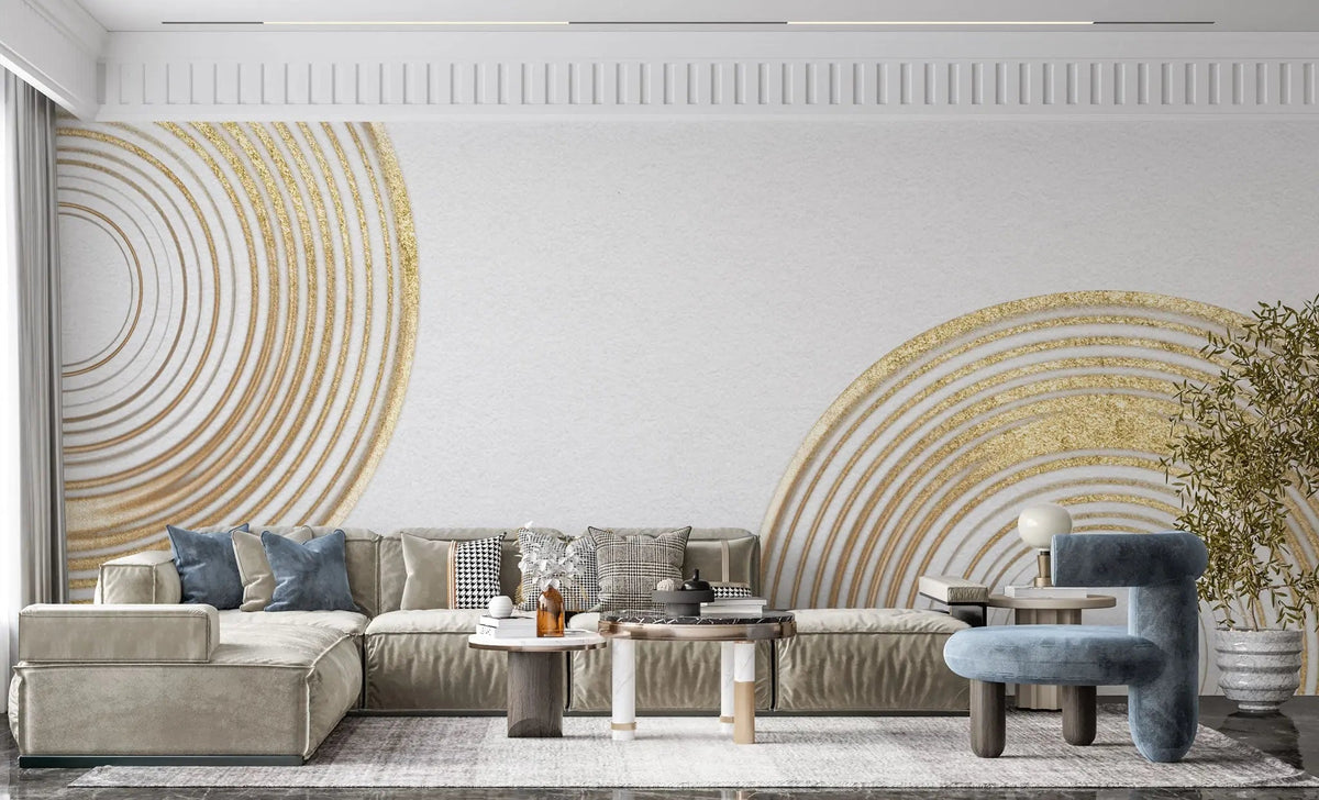 Tapet personalizat fine art cu cercuri aurii texturate pe un fundal alb sand circles