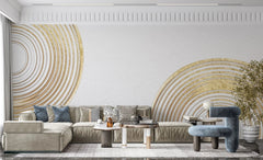 Tapet personalizat fine art cu cercuri aurii texturate pe un fundal alb sand circles