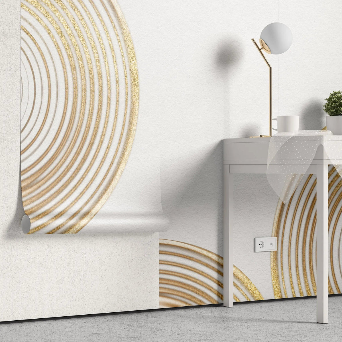 Tapet personalizat fine art cu cercuri aurii texturate pe un fundal alb sand circles