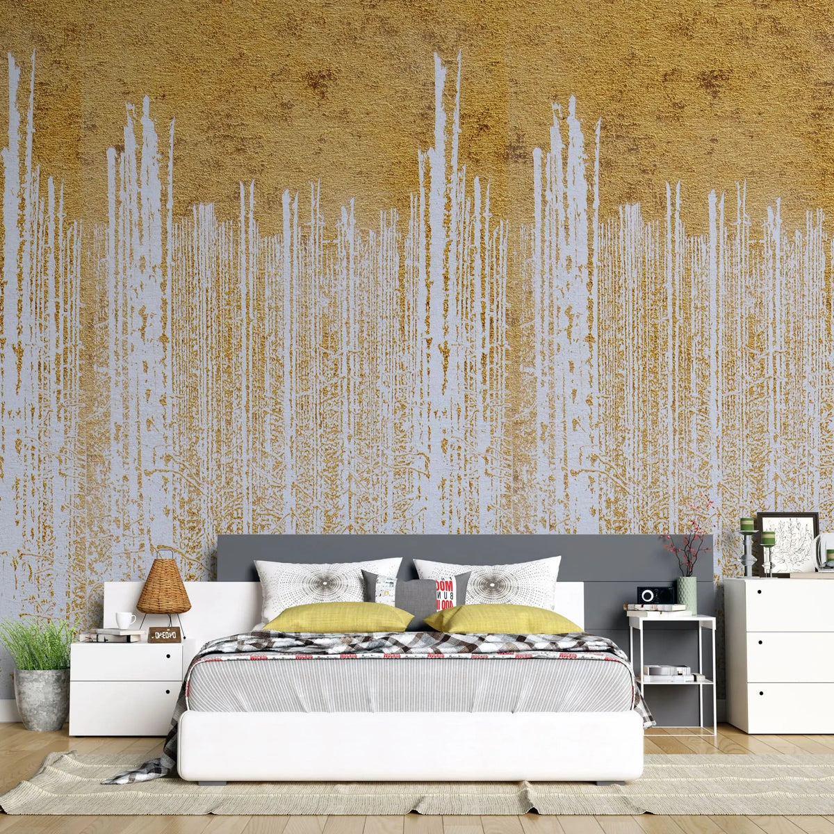Tapet personalizat fine art cu pereti albi in foita aurie golden foil wall