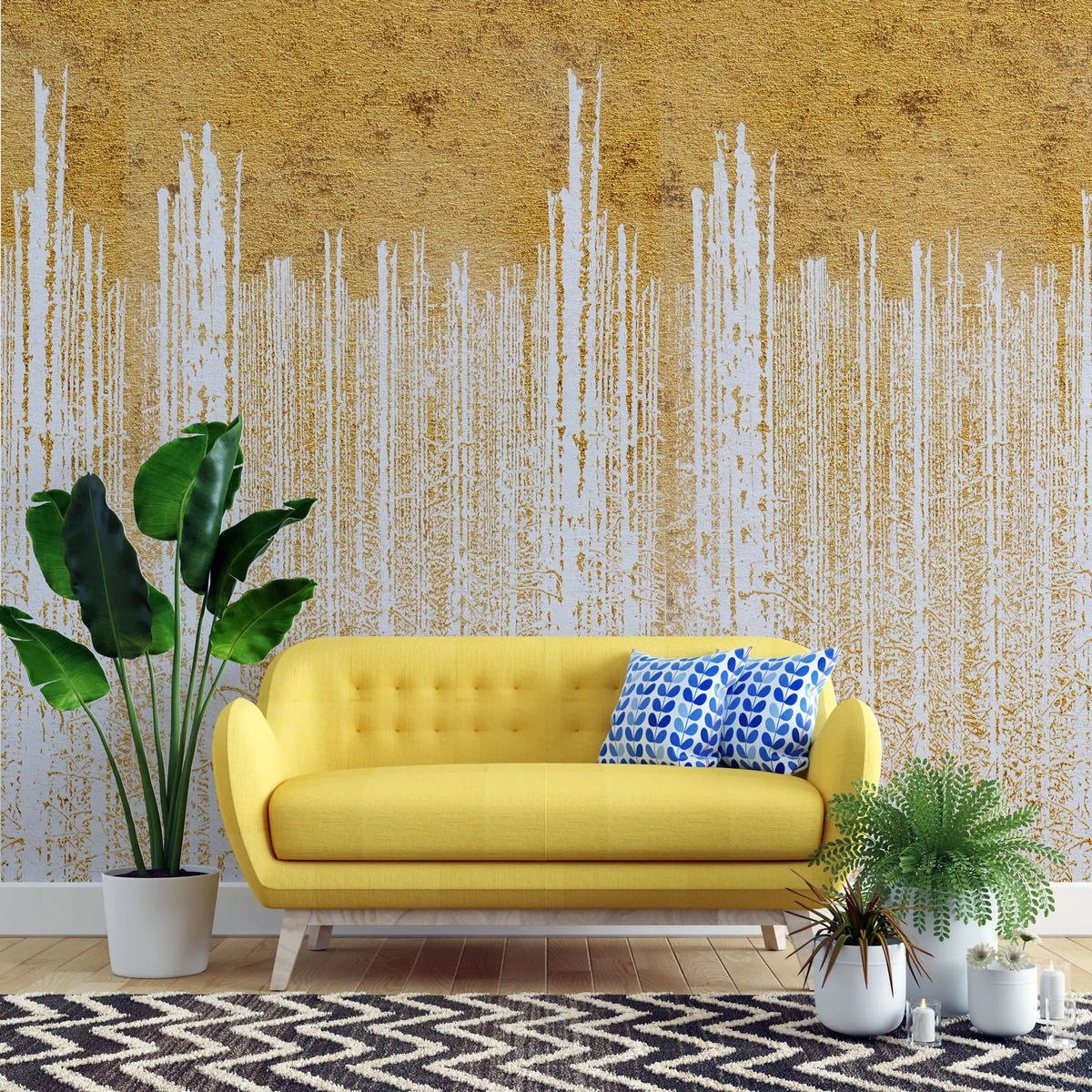 Tapet personalizat fine art cu pereti albi in foita aurie golden foil wall